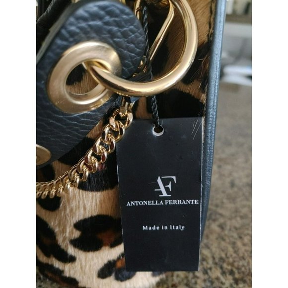 NWT Antonella Ferrante Leopard Print Leather Bucket Bag Removable Chain Strap - Picture 8 of 11